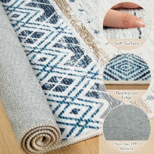 2x8 Washable Area Rugs for Living Room Boho Runner Rug Blue/Brown - Image 2