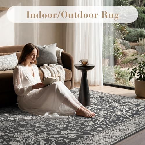 AMOAMI-Outdoor Rug-Patio Rug 8x10 ft Quick Dry Flatweave Textured Machine Washable Outdoor Carpet with Rubber Backing Vintage Outdoor Area Rug for Patio Deck Front Porch Balcony Greyish Black - Image 5