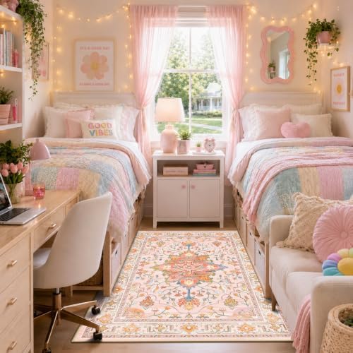 RELEANY Washable Area Rug, 4'x6', Pink/Light Pink/Colorful by RELEANY