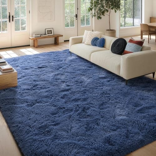 FinRèc Home 9x12 Non-Slip Fluffy Area Rugs for Living Room (Dark Blue) - Image 2