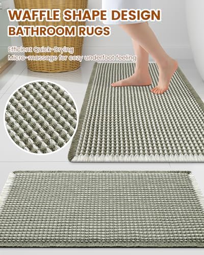 Smiry Waffle Bath Mat 24X16, Soft Absorbent Bathroom Rugs, Green & Cream - Image 2