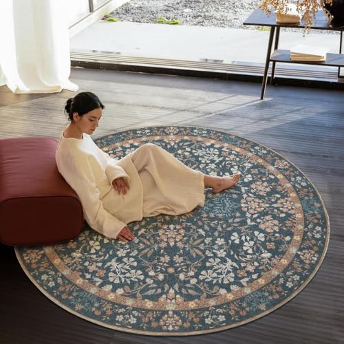 jinchan 7ft Washable Round Area Rug, Vintage Floral, Dark Blue - Image 6