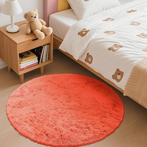 OLANLY Coral Red Round Rugs for Bedroom - Machine Washable, 3 ft Circle Area Rugs for Living Room, Soft and Fluffy Shaggy Carpet for Teen Girl and Boys, Nursery Rooms, Dorms, Home Decor Aesthetic - Image 3