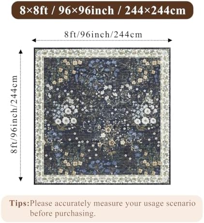 8x8 Square Area Rug Living Room, Non-Slip Floral Washable 8ft Square Rug Low Pile Thin Indoor Carpets for Dining Room Bedroom Office High Traffic Area Boho Vintage Home Decor (8ft Square, Blue) - Image 2