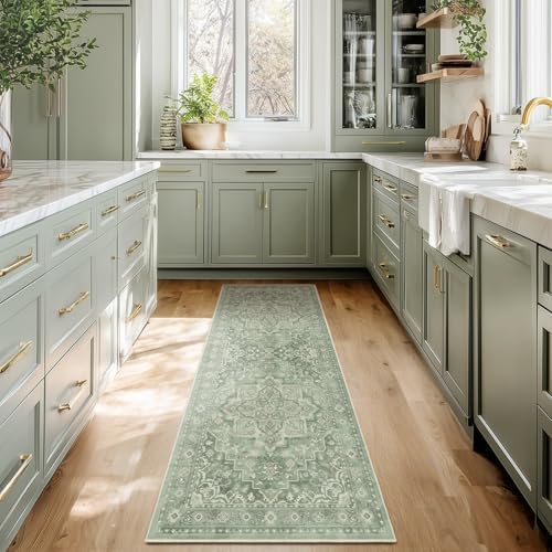 Sage Green 2x6 Runners for Kichen Floor Washable Non Skid, Soft Green Medallion Hallway Runner Rug for Entryway Foyer Mudroom, Cottagecore Carpet Runners 6ft for Bedside Bathroom Laundry Room - Image 3