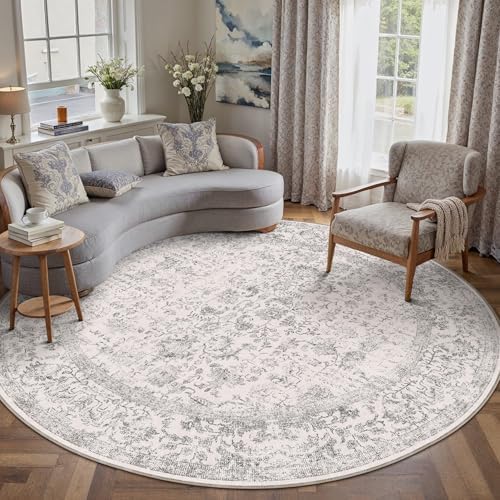 PureCozy Gray Round Area Rug 6ft Vintage Floral - Image 5