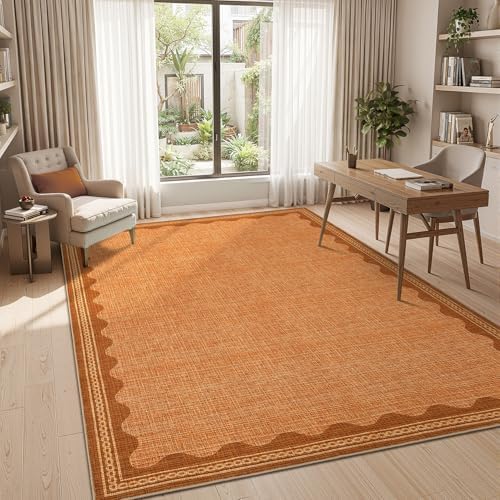 GarveeHome Scalloped Orange Washable Rugs 6x9 Rug for Living Room Solid Modern Minimalism Soft Low-Pile Carpet for Bedroom Dining Nursery Non Slip TPE Backing - Image 3