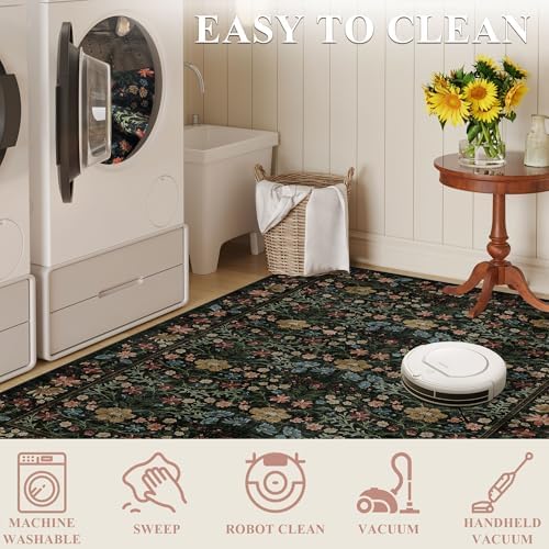 DUKINO 3x6 Kitchen Runner Rug, Washable Vintage Floral Area Rug, Black - Image 7