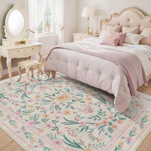 Pink Floral Area Rug 6x9,Soft Washable Girls Bedroom Rug for Nursery, Living Room or Playroom,Boho Vintage Non-Slip Carpet for Kids or Teen Girl Room Decor - Image 2