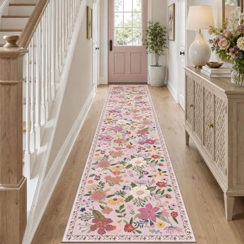 Hallway Runner Rug 2x10 Non Slip Washable Pink Rugs for Kitchen by LatteFog