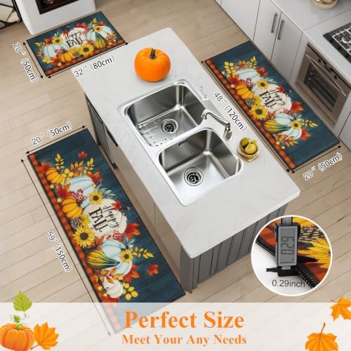 HEBE Fall Kitchen Rugs Set of 3, Washable Pumpkin Kitchen Mats for Floor - Image 2