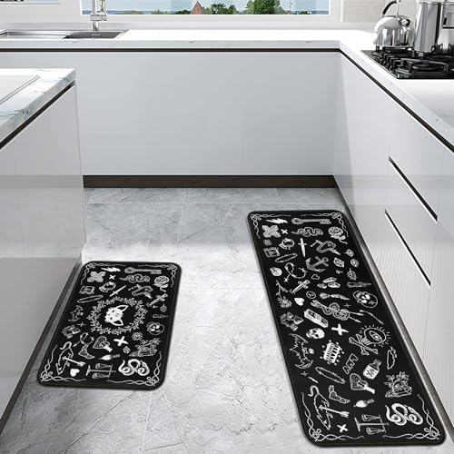 Gothic Rug Set of 2, 17x30+17x47inch, Kitchen Mat with Rubber Backing, Non-Slip, Washable, Black - Image 2