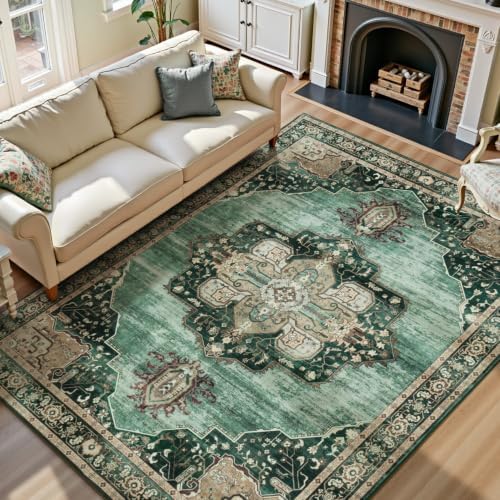 Lofus 8x10 Green Washable Rugs, Vintage Floral Area Rug for Living Room by Lofus