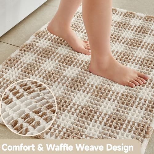 TYUU Waffle Bath Mat, Boho Bathroom Rugs Non Slip, 48x24 Khaki & White - Image 3