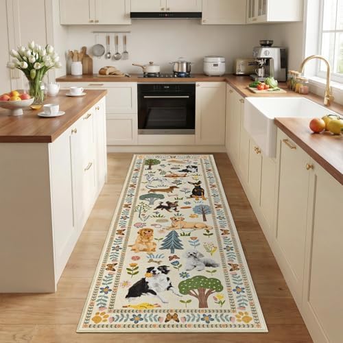 ST. BRIDGE 2x6 Runner Rug for Kitchen Hallway, Washable Dog Print Floor Mat, Soft Thin Stain Resistant Small Area Rug, Non Slip Low Pile Carpet for Entryway Bathroom Laundry Room Bedroom, Beige by STBRIDGE