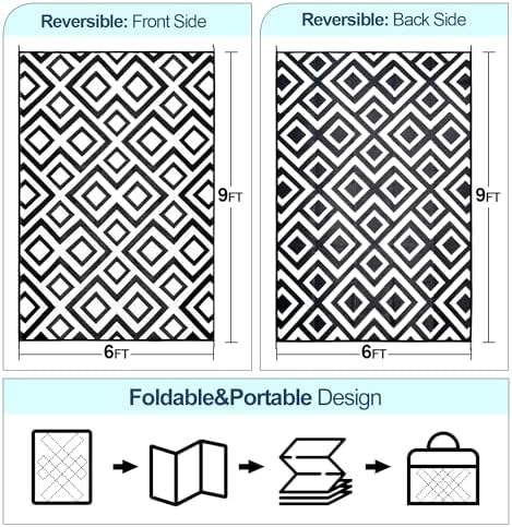 DiiKoo Outdoor Rug Mat for Patio, 6x9ft Waterproof Reversible Plastic Straw Rugs, Camping Carpet Area Mats for RV, Porch, Deck, Backyard, Balcony, Camper, Trailer, Black & White - Image 2