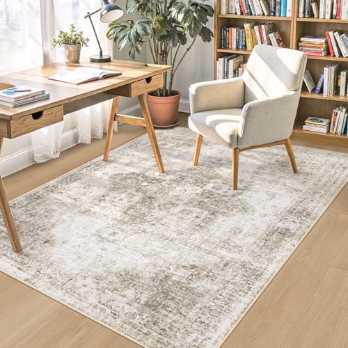 Area Rug 4x6 Washable Rug, Vintage Boho Medallion Rugs Non-Slip Soft Low Pile Distressed Rug Indoor Retro Carpet for Living Room Bedroom Dining Room Home Office (Taupe, 4'x6') - Image 2