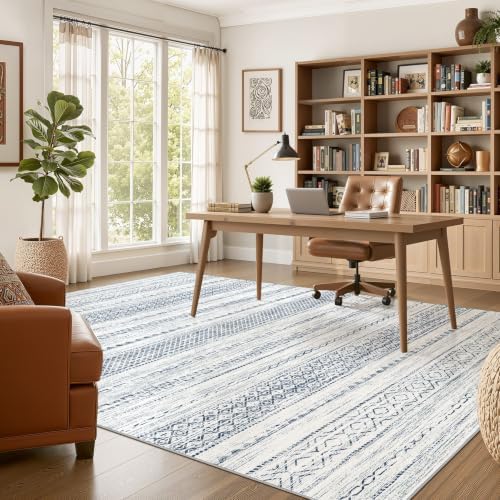 Nakagishi 6x9 Area Rugs Living Room: Washable Boho Large Neutral Soft Farmhouse Rug Stain Resistant Modern Indoor Floor Non-Slip Carpet for Bedroom Nursery Playroom Office Dining Room Dorm-White Blue - Image 5