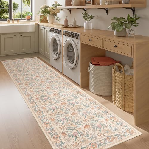 DUKINO 2.6x8 Runner Rug, Washable Vintage Floral Kitchen Runners Rug, Beige - Image 6
