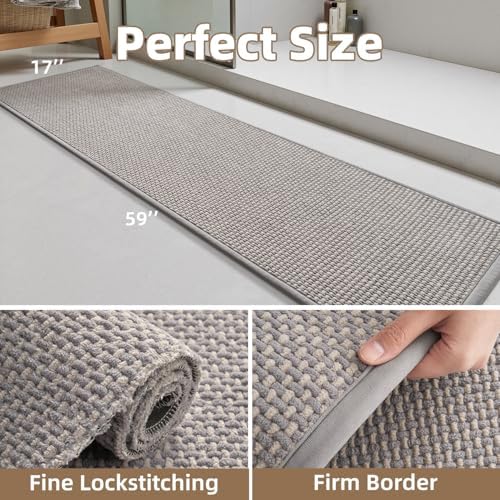 PADOOR-Bath Mat Runner-Super Absorbent Chenille Bathroom Mats-Rubber Backed Bath Mats for Bathroom Non Slip, Easy Clean Bathroom Runner Rugs Front of Bathtub,Shower Room,Sink-17×59 Grey&Beige - Image 2