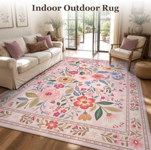PADOOR Outdoor Rug 8x10 ft, Floral Washable Indoor Outdoor Area Rug, Flat‑Woven with Quick Dry Patio Carpet, Fade & Shed Resistant, Non‑Slip & Soft for Patio, Deck, Backyard, Porch, Living Room, Pink - Image 5