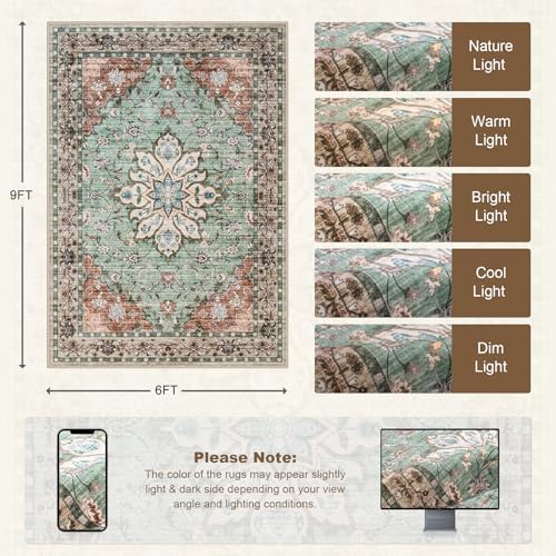 6x9 Area Rugs Living Room: Washable Rug for Bedroom Brown Green - Image 2