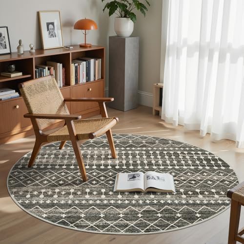 Miukiki Round Rugs 6ft for Living Room Moroccan Washable Circle Rug Black by Miukiki