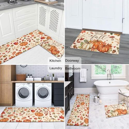Fall Kitchen Rugs Set of 2,Fall Entrance Door Mats Pumpkin Mushroom Non Slip Kitchen Rug,Washable Anti Fatigue Mat,Kitchen Floor Washable Runner Rug, Autumn Thanksgiving Kitchen Laundry 17x30+17x47In - Image 7