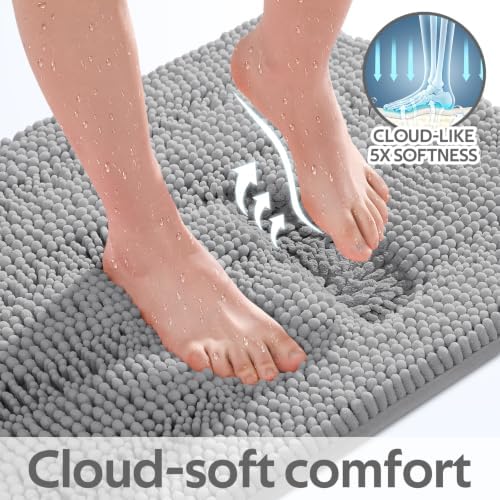 ACCUMTEK Striped Light Grey Bathroom Rug Set 3 Pieces Gray Ultra Soft, Non Slip Chenille Toilet Mat, Absorbent Plush Shaggy Bath Mats for Bathroom, Bedroom, Kitchen - Image 4