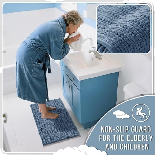 Yimobra Bathroom Runner Rug 70x24 Inch - Extra Long Non Slip Chenille Bath Mat, Soft & Absorbent, Machine Washable Shaggy Hallway Carpet for Vanity Tub Shower, Denim Blue Home Decor Accessories - Image 6
