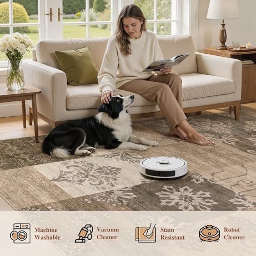 UERMEI 9x12 Area Rug for Living Room, Washable Brown Modern Geometric Patchwork Non Slip Stain Resistant Low Pile Foldable Carpet for Bedroom Dining Farmhouse Home Office - Image 5