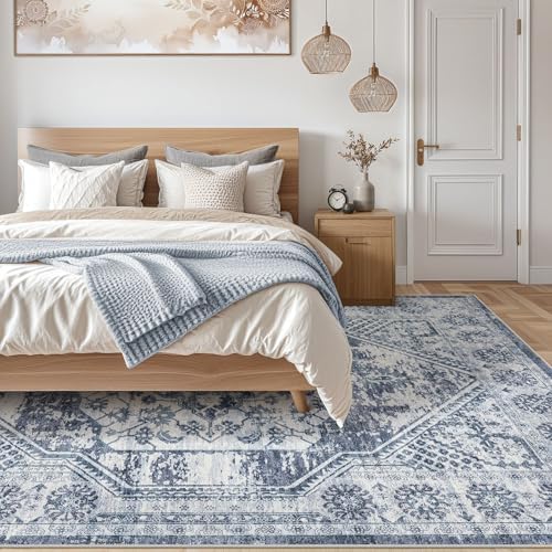 cotiled 8x10 Area Rug for Living Room, Washable, Traditional, Distressed Blue - Image 7