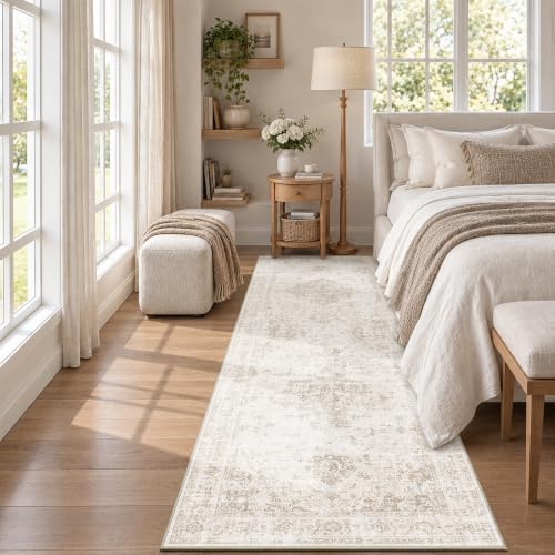 Washable 2.6x8 Kitchen Runner Rug Soft Medallion Neutral Beige Carpet - Image 3