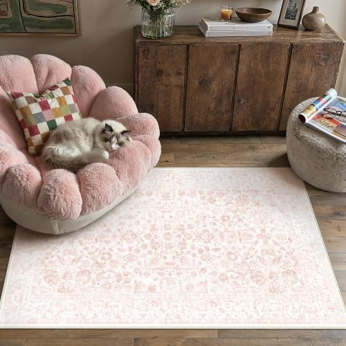 PureCozy 3x5 Pink Area Rug Washable Non Slip Vintage Carpet Living Room by PureCozy