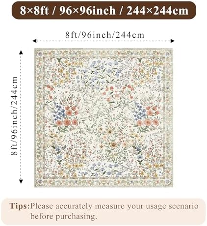 8x8 Square Area Rug Living Room, Non-Slip Floral Washable 8ft Square Rug Low Pile Thin Indoor Carpets for Dining Room Bedroom Office High Traffic Area Boho Vintage Home Decor (8ft Square, Beige) - Image 2