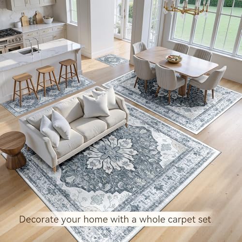 RELEANY Washable Area Rug, 6'x9', Grey/White/Beige - Image 4