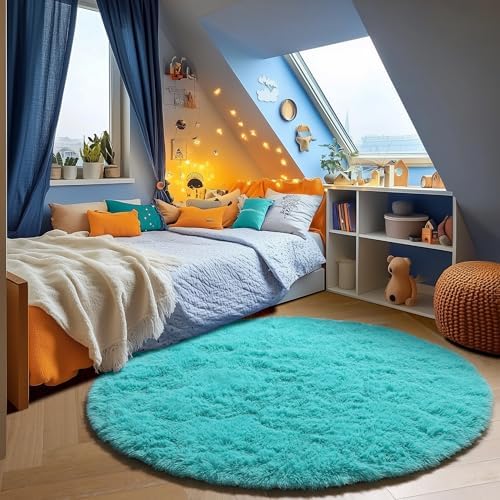 Teal Blue Fluffy Round Rug Circle Area Rugs 4ft for Kids Girls Boys Bedroom by ONASAR