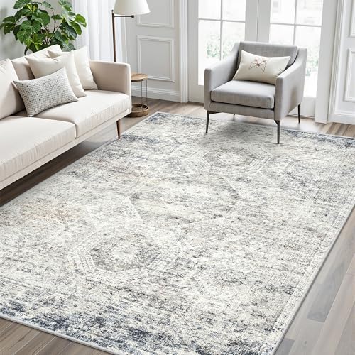 Soalmost 5x7 Area Rugs Blue/Ivory Low Pile Washable Trendy Faded Style Rug - Image 2
