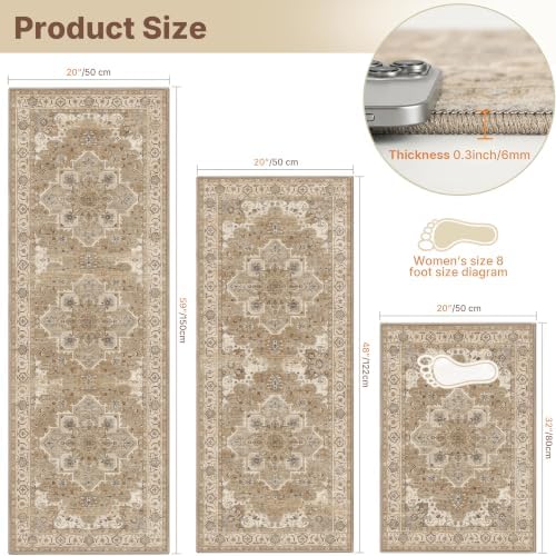 3 Piece Kitchen Rugs Sets with Runner, Washable Non Slip Soft Boho Kitchen Mats, Low Pile Stain Resistant Carpet for Hallway, Laundry Room, Entryway, Home Decor(20"x32"+20"x48"+20"x59", Beige Cream) - Image 2