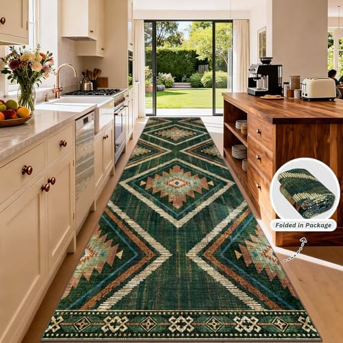 Boho Runner Rugs for Hallway 3x14Ft Non Slip, Long Wide Green Moroccan Washable Kitchen Rug Runner, Soft Geometric Entryway Floor Carpets for Entrance Doorway Home Office Decor - Image 2