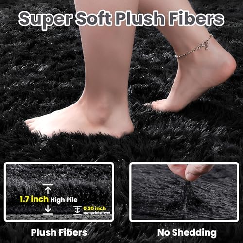 5x8 Fluffy Shag Area Rugs for Living Room Bedroom: Soft Plush Carpet Black - Image 6