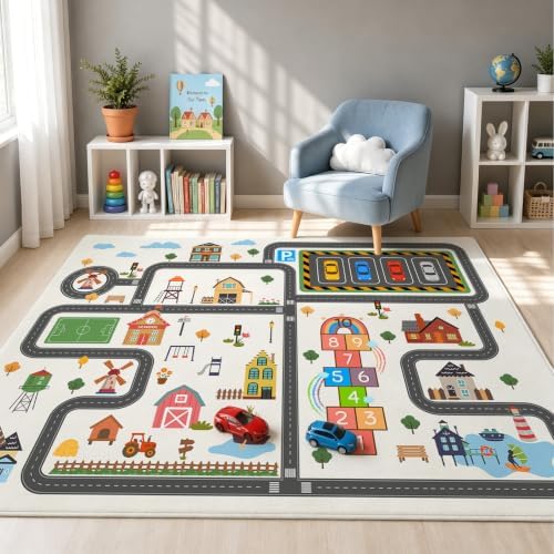 5'x7' Kids Car Play Rug, Kids Road Playmat Rug for Toy Cars, Educational Town City Map Washable Carpet for Boy Playroom Bedroom, Safer Car Track Play Mat for Children - Non Slip, 60"x84" - Image 6