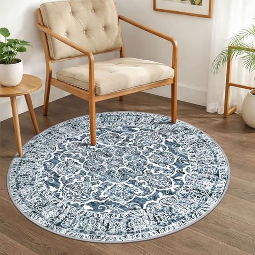 KUTA Vintage Round Rug 3ft Washable Boho Indoor Circle Area Rug Blue White by KUTA