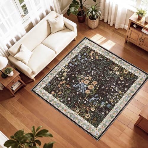 5x5 Living Room Area Rug Washable: Floral Non-Slip Mats for Indoor Floor Entryway Dining Room Bedroom - Soft Thin Carpet for Vintage Neutral Home Decor (5ft Square, Brown) - Image 3
