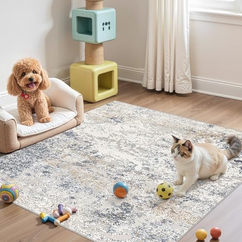 DMOYEST Square Area Rug Living Room Rugs - 5x5 Washable Large Soft Indoor Neutral Modern Abstract Low Pile Rug Carpet for Bedroom Dining Room Farmhouse Home Office - Beige Blue - Image 4