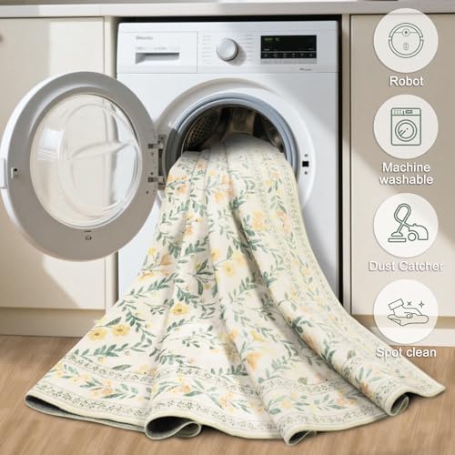 PLHXFR Area Rug 10x14 Living Room: Floral Washable Boho Carpet Beige Multi - Image 5