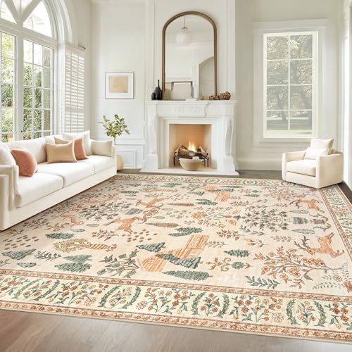 Living Room Rugs 8x10: Washable Boho Rug Farmhouse Non Slip Stain Resistant Large Rug Low Pile Soft Carpet for Bedroom Dining Room Children Room (Cream Animal,8'x10') by VECARF