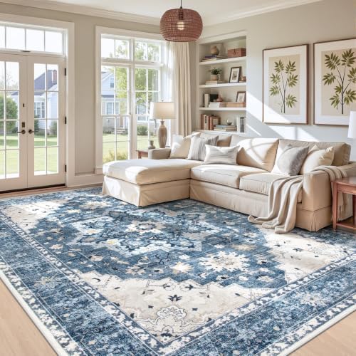 Area Rug 9x12 Vintage Rug: Large Washable Indoor Medallion Rugs Low Pile Distressed Floor Carpet Retro Accent Rug for Living Room Bedroom Kitchen Dining Table Home Office(Blue, 9'x12') by ZomfyRugs