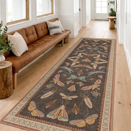 Hazo Haus Orange Brown Hallway Runner Rug 2'6"x12', Soft Low Pile Non Slip Carpet for Kitchen Floor & Front Door Entrance, Vintage Insect Moth Décor by HazoHaus