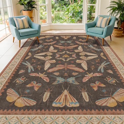 Dining Room Rugs for Under Table 6x9 - Washable Soft Rugs for Bedroom Aesthetic, Low Pile Stain Resistant Living Room Carpet, Vintage Insect Home Décor (Brown) - Image 3